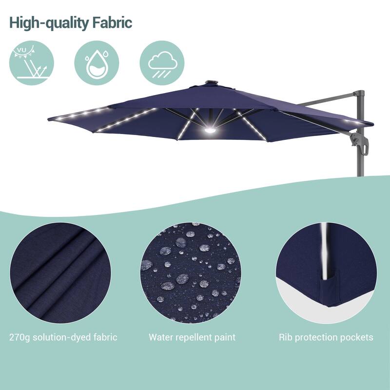 LIVOOSUN 11Ft Aluminum LED Patio Cantilever Offset Umbrella With Base