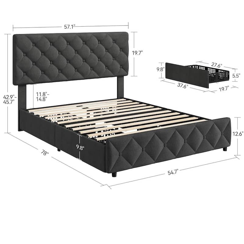 Bed Frame with 4 Storage Drawers and Adjustable Headboard