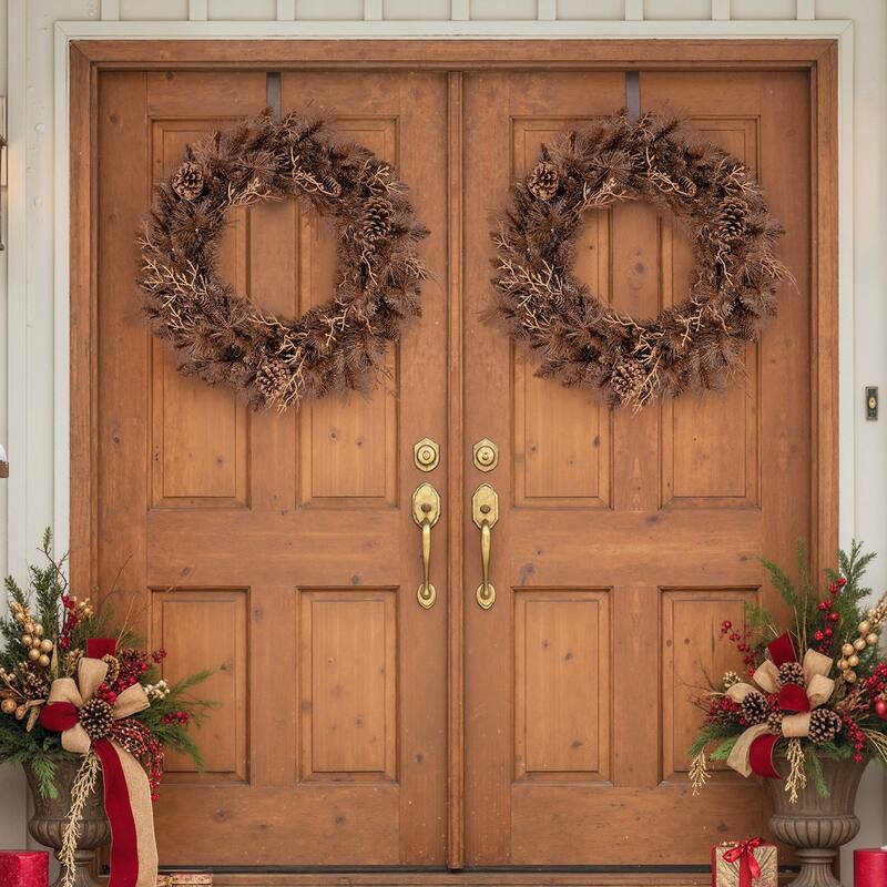 Gymax Set of 2 24'' Pre-lit Christmas Wreath Front Door Artificial