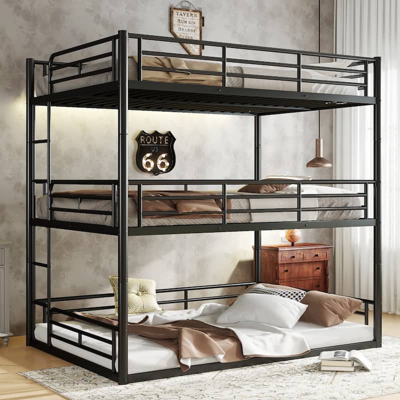 Full over Full over Full Bunk Bed, Metal Triple Bunk Bed with Safety Guardrails, Heavy-duty Bunk Bed with Noise-reduced Design - Black