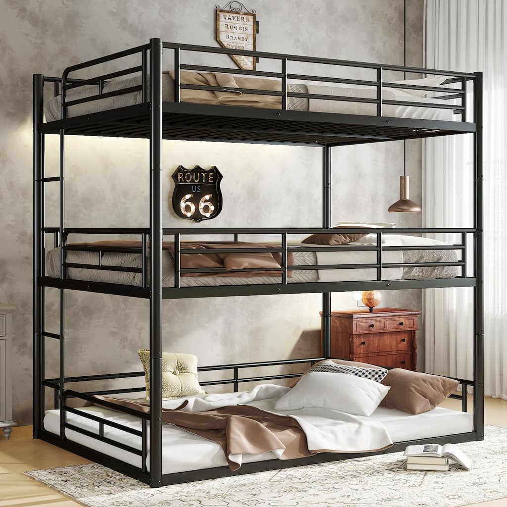 Full over Full over Full Bunk Bed, Metal Triple Bunk Bed with Safety Guardrails, Heavy-duty Bunk Bed with Noise-reduced Design