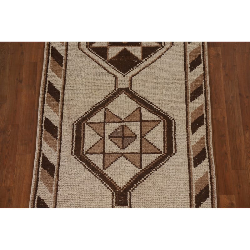 Natural Dye Handmade Kurdish Turkish Runner Rug Beige Wool Carpet - 3'4"x 11'9"