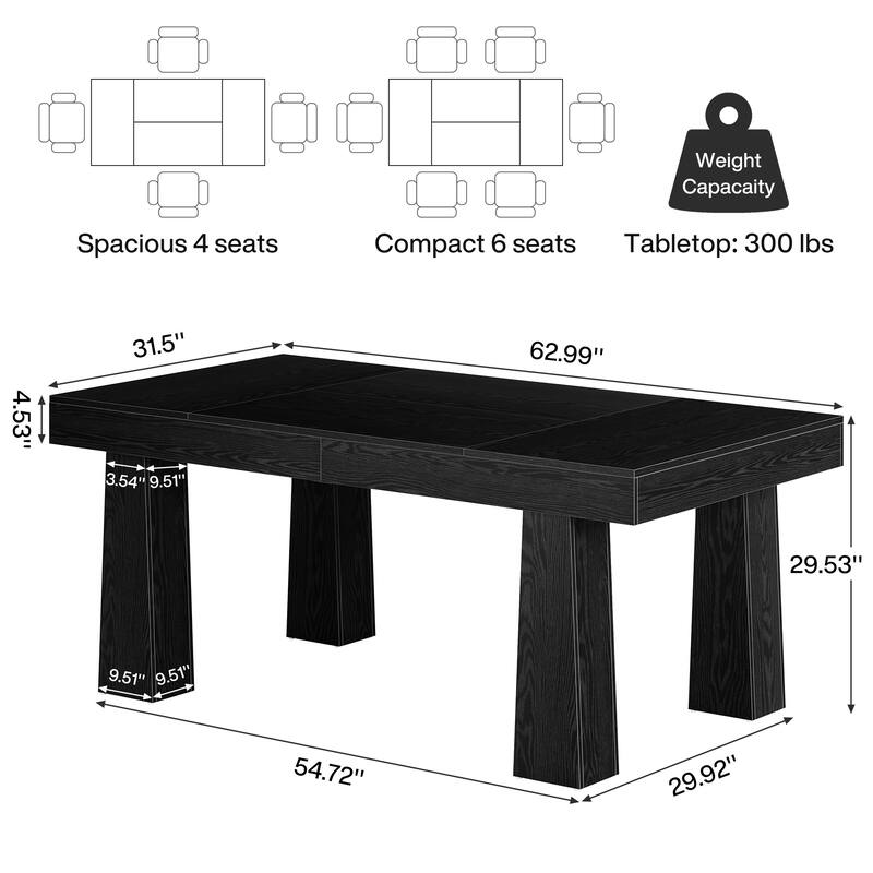 63'' Dining Table, Modern Rectangular Kitchen Table with Tapered Legs