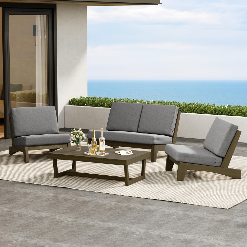 4 Pieces Wood Sectional Sofa Patio Conversation Set With Cushion
