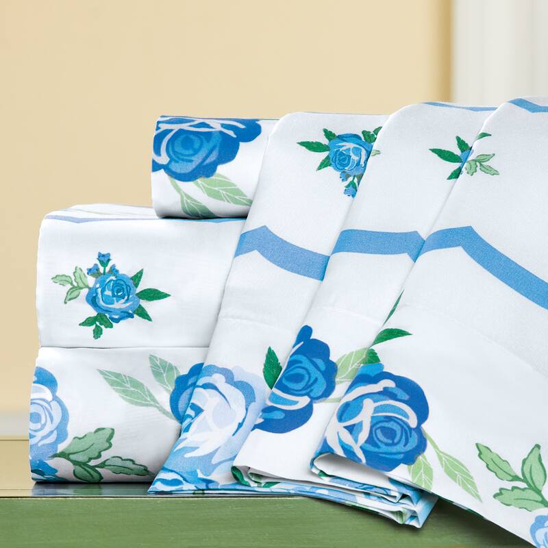 Printed Lovely Bright Blooming Roses White Sheet Set