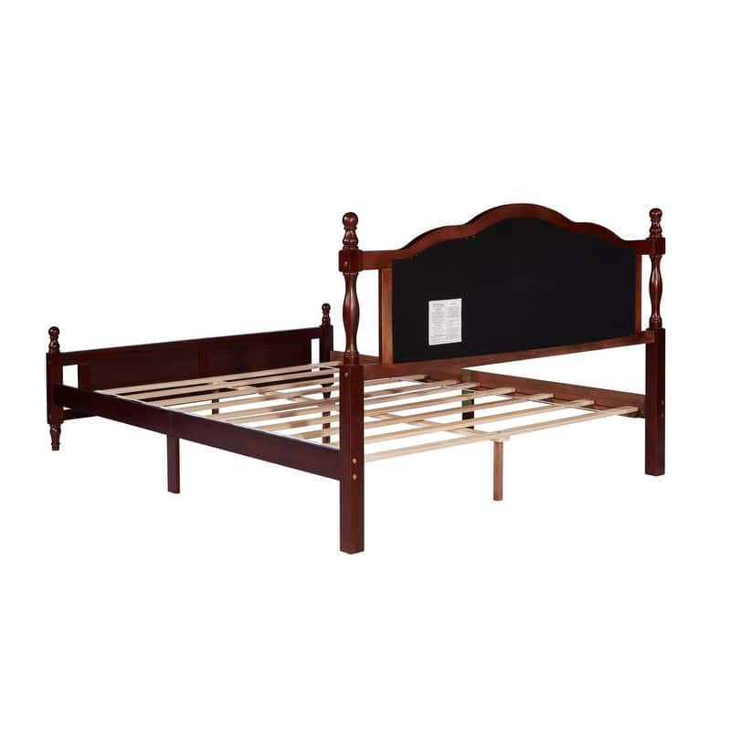 Pine Wooden Platform Bed with Upholstered Headboard and Panel Footboard,Queen Size