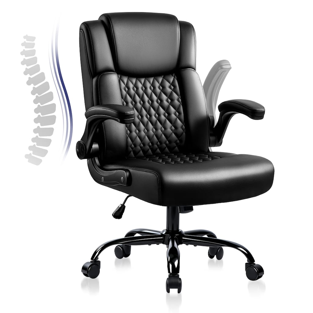 BOSSIN Office Chair, Ergonomic High-Back PU Leather Desk Chair with Adjustable Armrests & 360-Swivel for Petite Users, Black