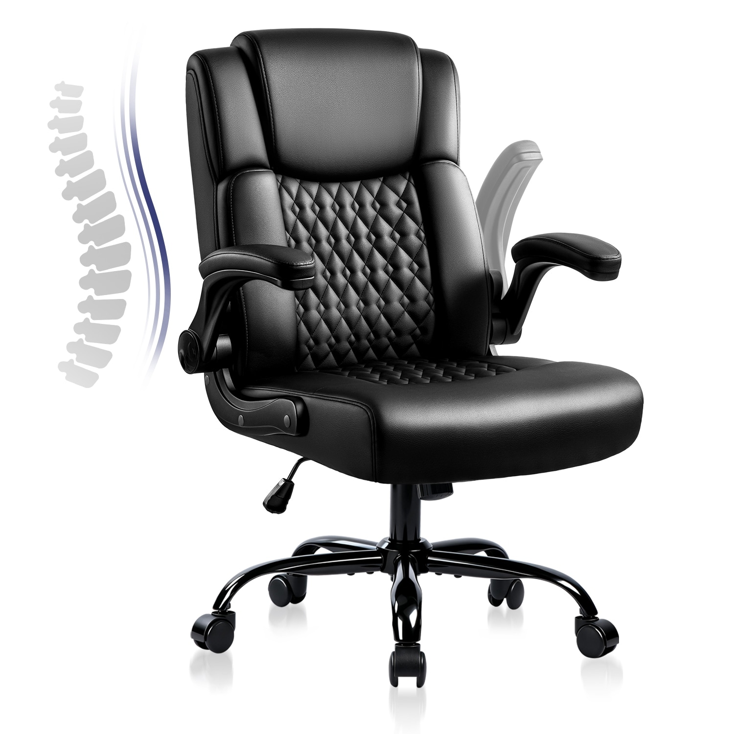 BOSSIN Adjustable Flip-Up Arms Ergonomic Office Chair,PU Leather High-Back Computer Chair with Lumbar Support,Black