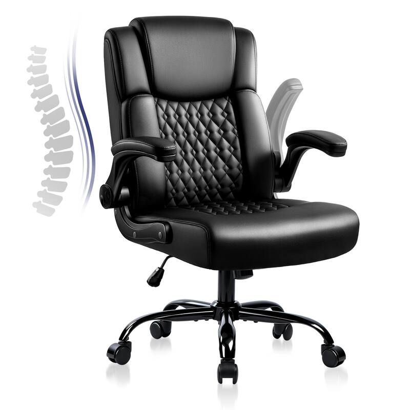 BOSSIN Office Chair, Ergonomic High-Back PU Leather Desk Chair with Adjustable Armrests & 360-Swivel for Petite Users, Black - Black