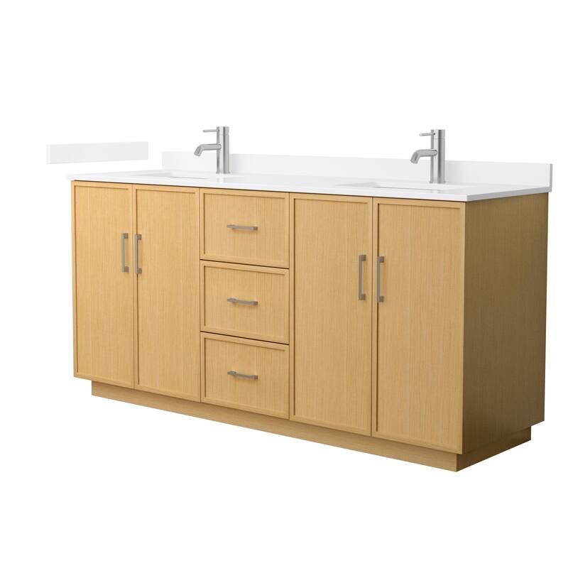 Wyndham Collection WCH7474-72D-QTZ-UNSMXX Elan TK 72" Free Standing - Light Oak / White Quartz Top / Brushed Nickel