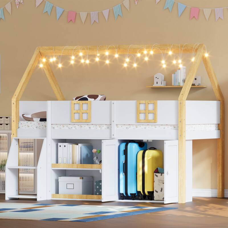 Roomfitters Twin/Full Low Loft Bed with LED Lights, Storage Staircase and Cabinets