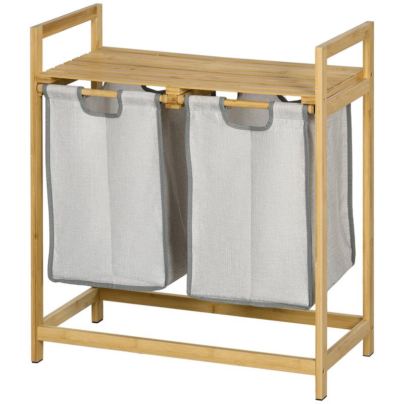 Homcom Double Laundry Hamper 2 Section Bamboo Laundry Basket With Storage Shelf 2 Pull-Out And Removable Bags