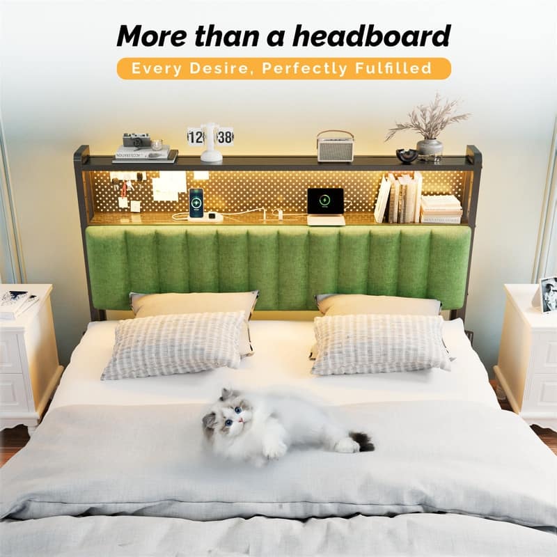 Adjustable Upholstered Headboard with 2 Tier Shelves with Charging Stations and LED Lights, Modern Bed Headboard with Storage