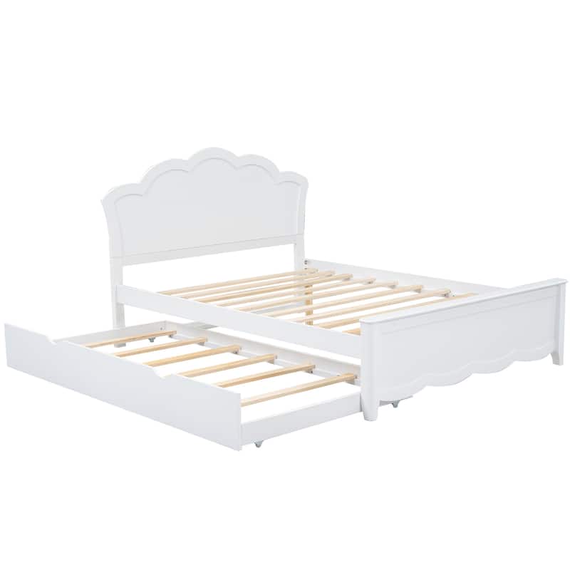Solid Wooden Bed Frame, Full Size Platform Bed with Headboard and Pull-out Trundle Bed for Bedroom, Apartment, Natural