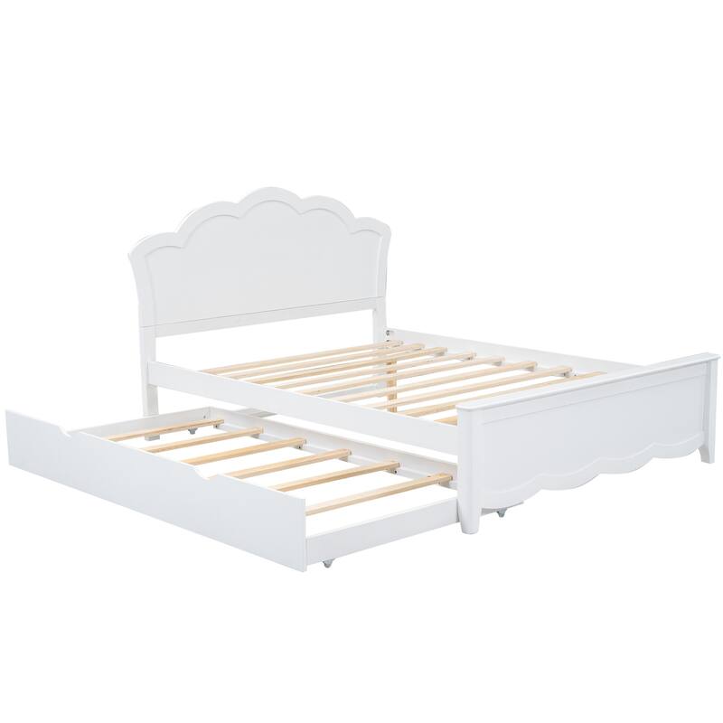 White Full Size Wood Platform Bed with Headboard and Twin Trundle