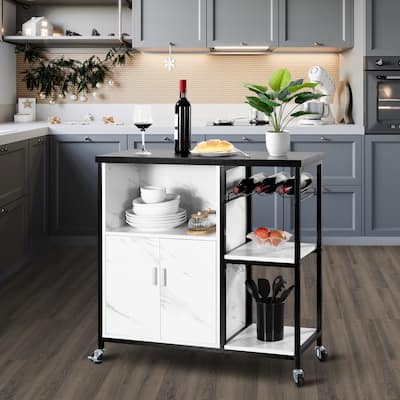 Ledel 35.4-inch Rolling Kitchen Island Cart With Wine Rack And Shelves