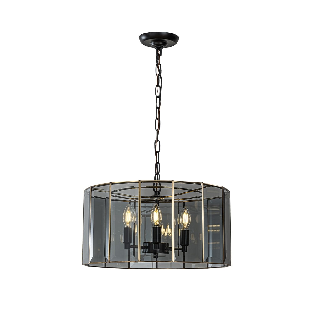 5-Light 20'' Modern Smoked Glass Drum Brass Chandelier Dimmable and Ajustable For Dining Room Living Room - W20''