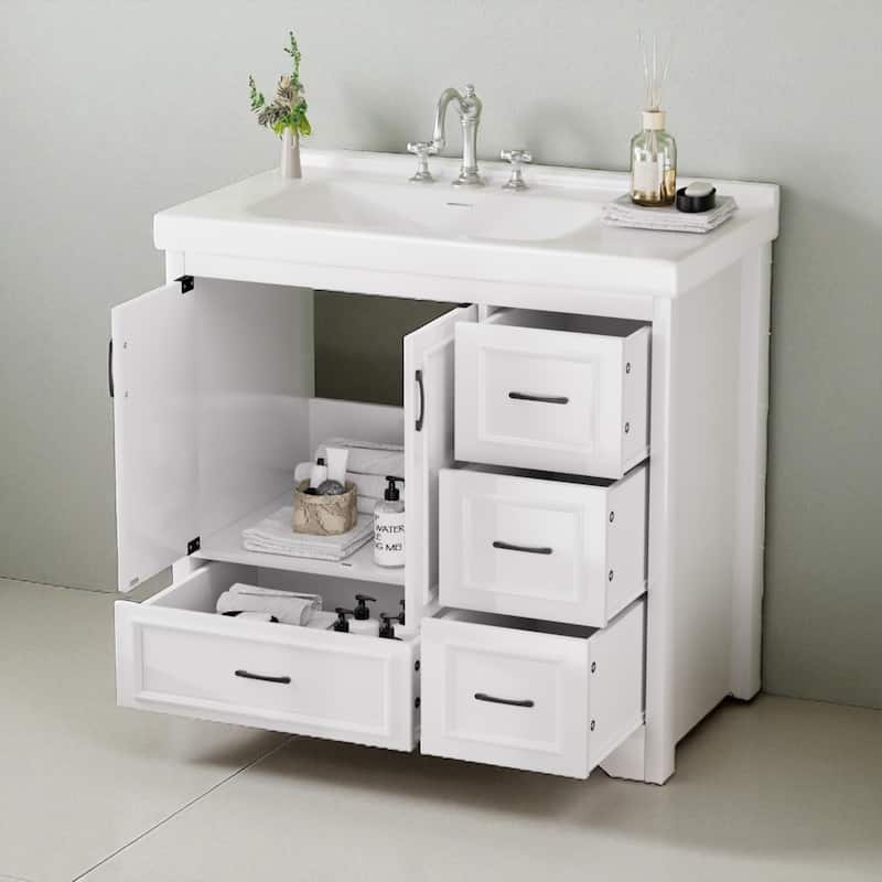 36'' Bathroom Vanity with Single Ceramic Sink, White Storage Cabinet with 2 Doors & 4 Drawers, Modern Style