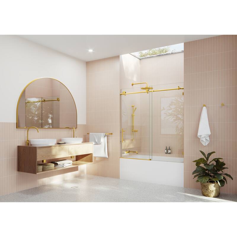 Glass Warehouse 52 in. - 56 in. x 60in. Frameless Bath Tub Sliding Shower Door - Satin Brass