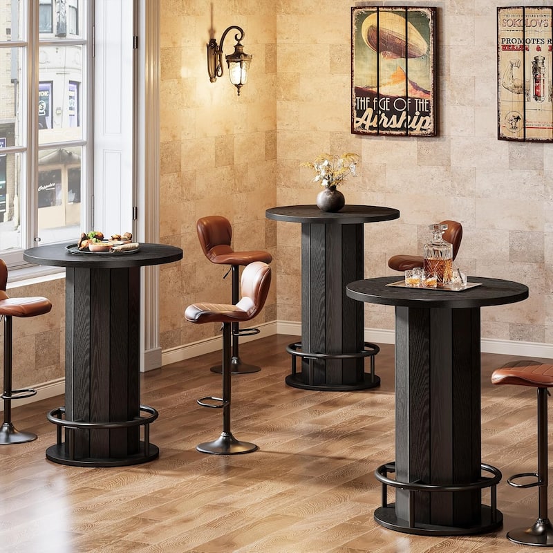 Round Bar Table, Wood Bistro Pub Table with Metal Ring Footrest