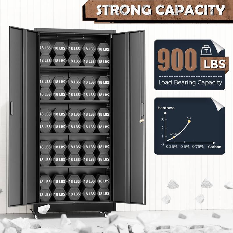 Tall Garage Storage Rolling Tool Cabinet with Locking Doors and Adjustable Shelves for Garage, Home Office, School