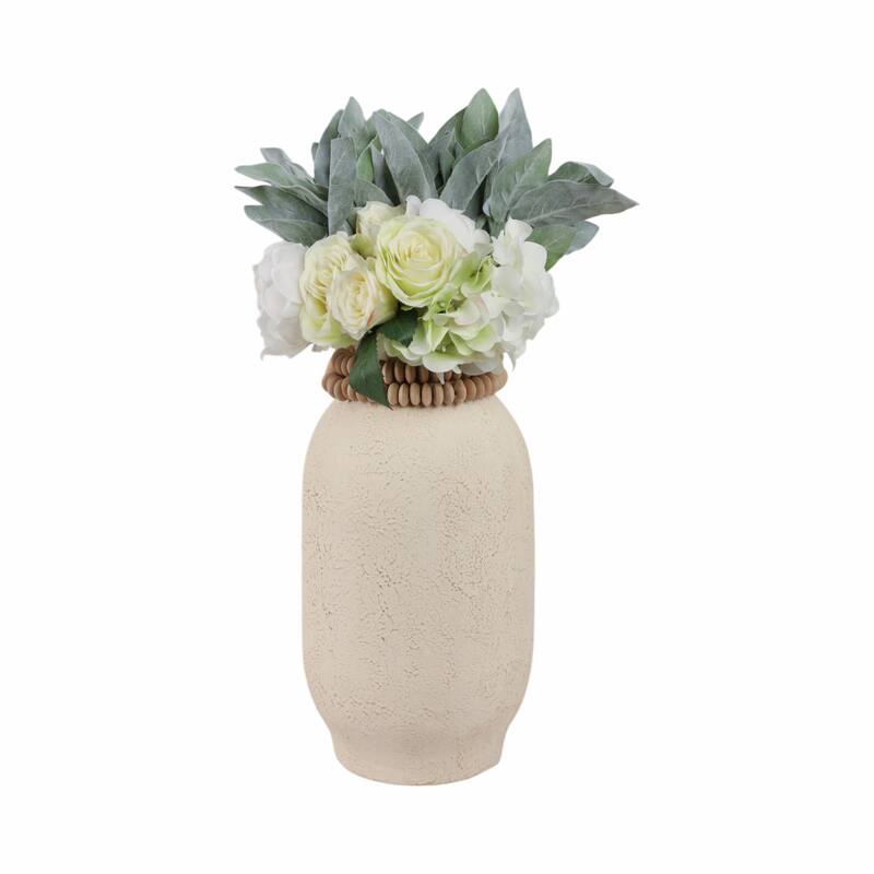 Pottery Mango Wood Vase Textured Surface and Removable Beaded Accent