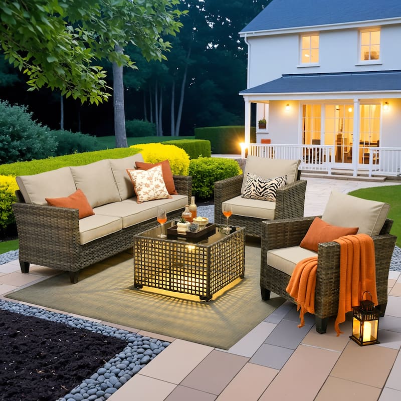 OVIOS 4 Pieces Patio Furniture Wicker Set with Solar-Powered Coffee Table - Beige