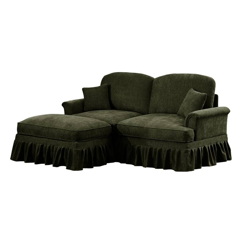 2-Seater L Shaped Sofa Couch, Lounge Sofa with Removable Ruffles Pleats Skirts, Loveseat Sofa with Movable Ottoman - Green