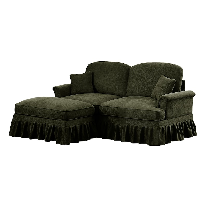 76.4" L Shaped 2-Seat Sectional Sofa, Chenille Couch with Ottoman, Flared Arms Loveseat with Removable Ruffles Pleats Skirts
