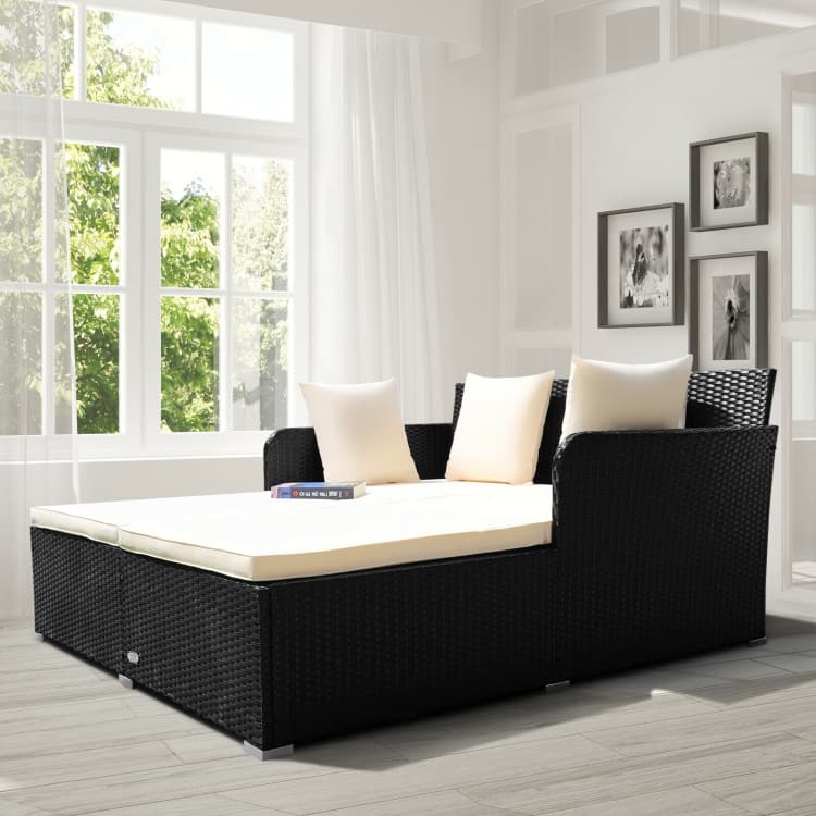Outdoor Rattan Daybed with Cushions for Patio Garden Lounge Seating