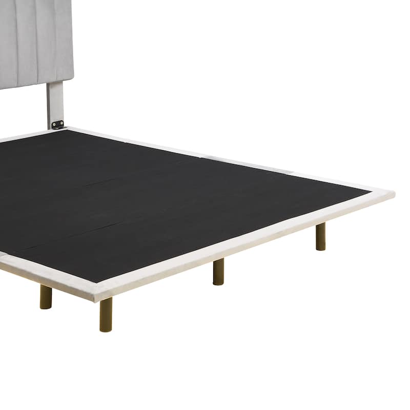Grey Velvet Queen Bed with Sensor Light & Floating Design