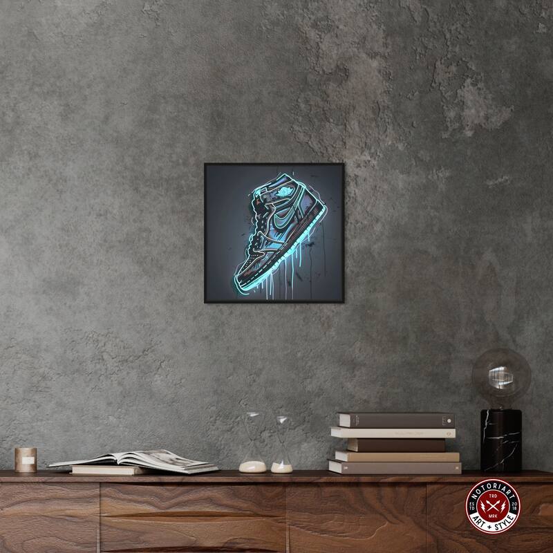 Notoriart Blue Glow Sneaker Framed Sneaker 1 Piece Canvas Wall Art