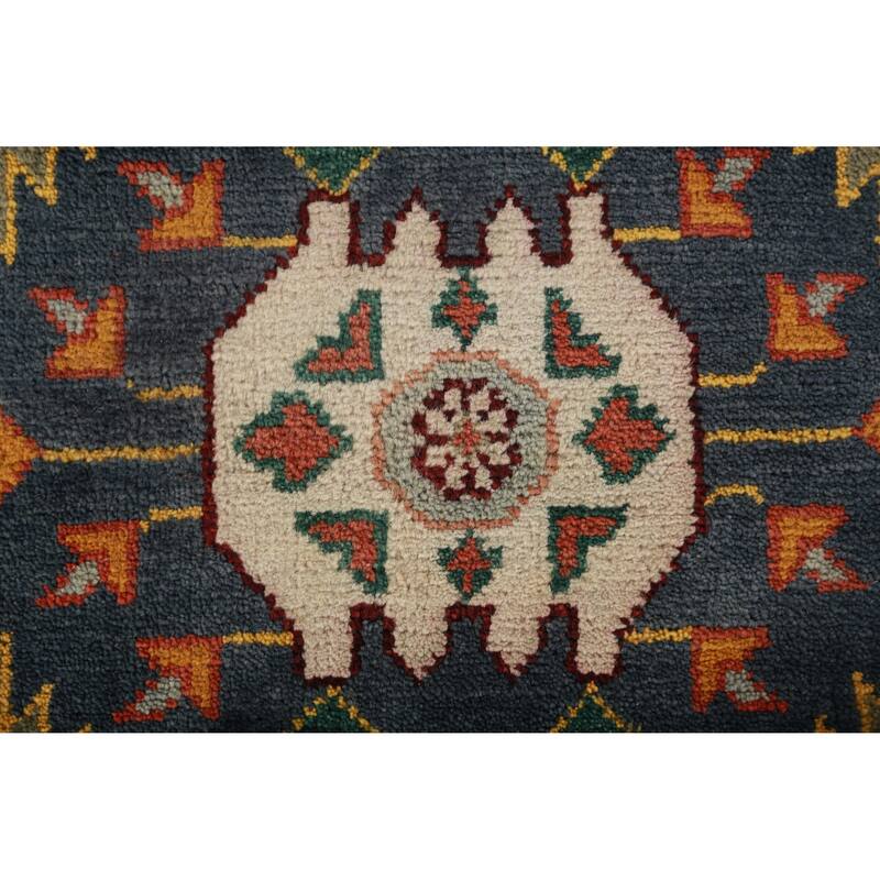 Green Geometric Kazak Oriental Area Rug Hand-Knotted Wool Carpet - 8'0" x 10'2"