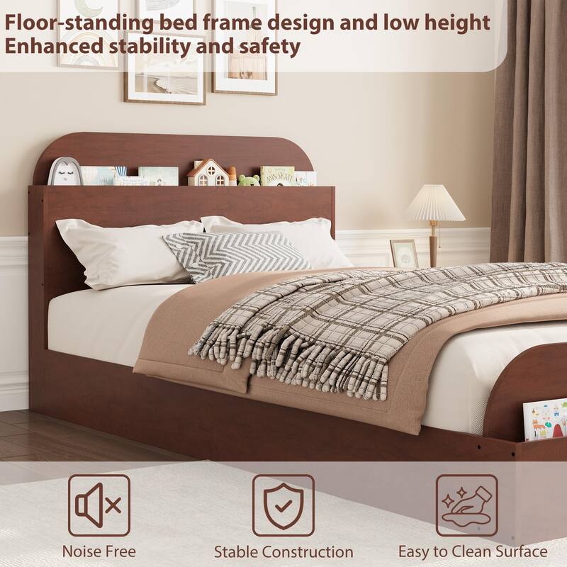 Twin Size Bed Frame, Wooden Beds with Storage Headboard and Raised-Foodboard, Floor Low Platform Bed