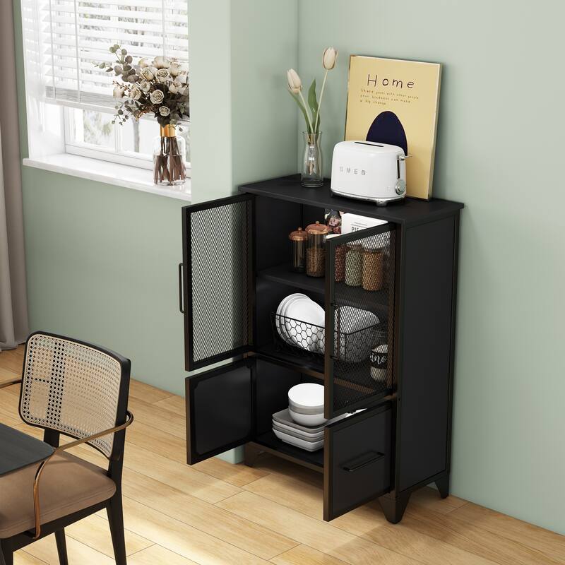 Storage Cabinet With 4 Iron Doors,Black Metal Handle,Sideboard With Adjustable Shelf,Black Sturdy Metal Frame and Metal Legs