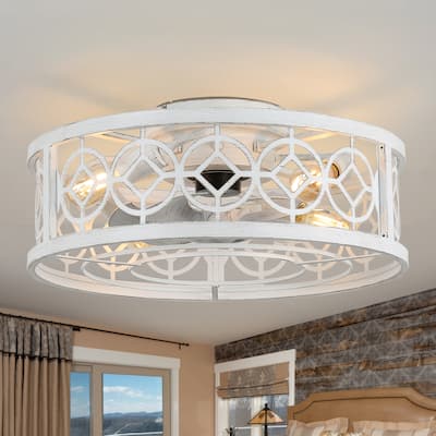 Cusp Barn 20 Inch Distressed White Ceiling Fan, Low Profile 6-Light Light Fixture, Caged Bladeless Flush Mount Fans for Bedroom