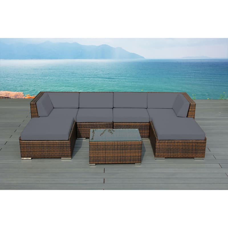 Ohana Outdoor Patio 7-piece Mixed Brown Wicker Conversation Set - No Assembly - Grey