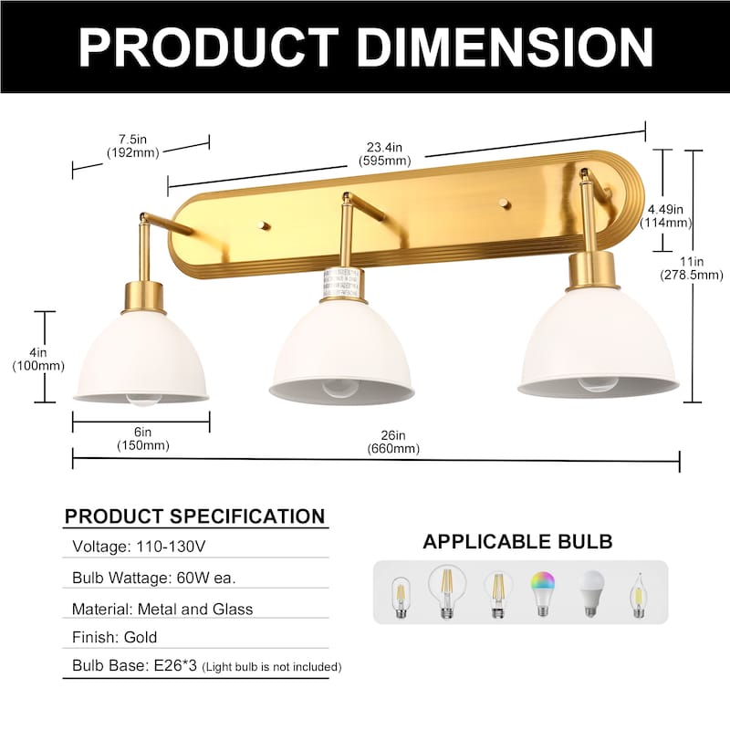 YANSUN 25.98 in Gold 3-Light Vanity Light Fixture with Frosted Glass Shades, Modern E26 Bathroom Wall Light for Makeup Room,