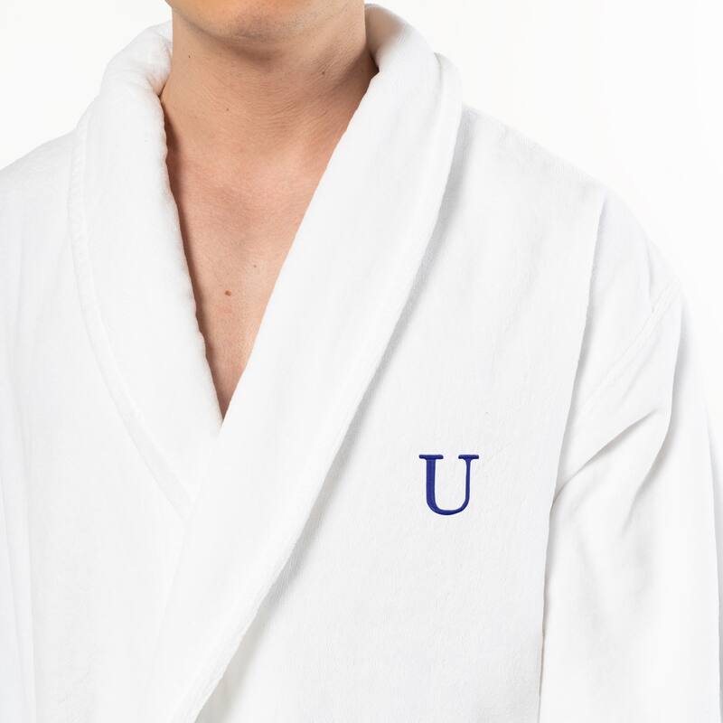 Authentic Hotel and Spa 100% Turkish Cotton Personalized Unisex Anovia Velour Bathrobe - Navy Block Font