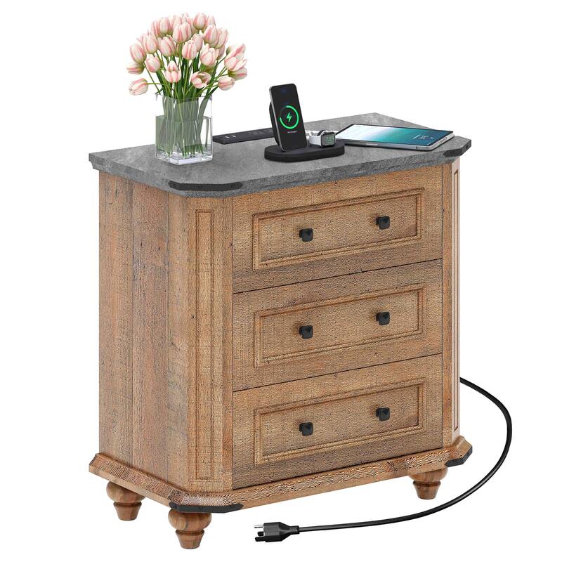 Moasis 3 Drawer Farmhouse Nightstand with USB Ports and Outlets , Bedside Table & End Table for Bedroom - 1pcs&Brown