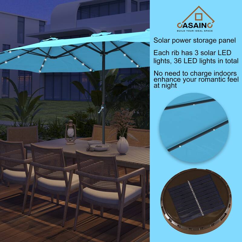 15-ft. Rectangular Crank Double-sided Outdoor Market Umbrella Solar LED Lighted Patio Umbrella with Base Included