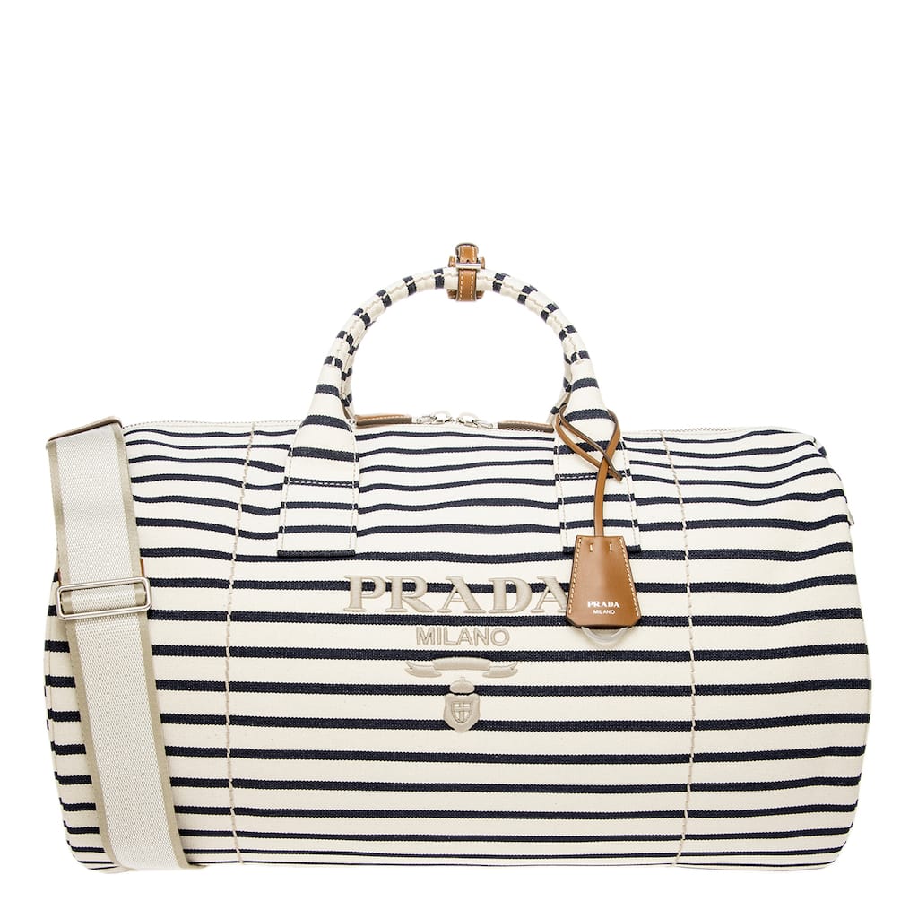 Prada Striped Duffle Bag - White with Navy Stripes