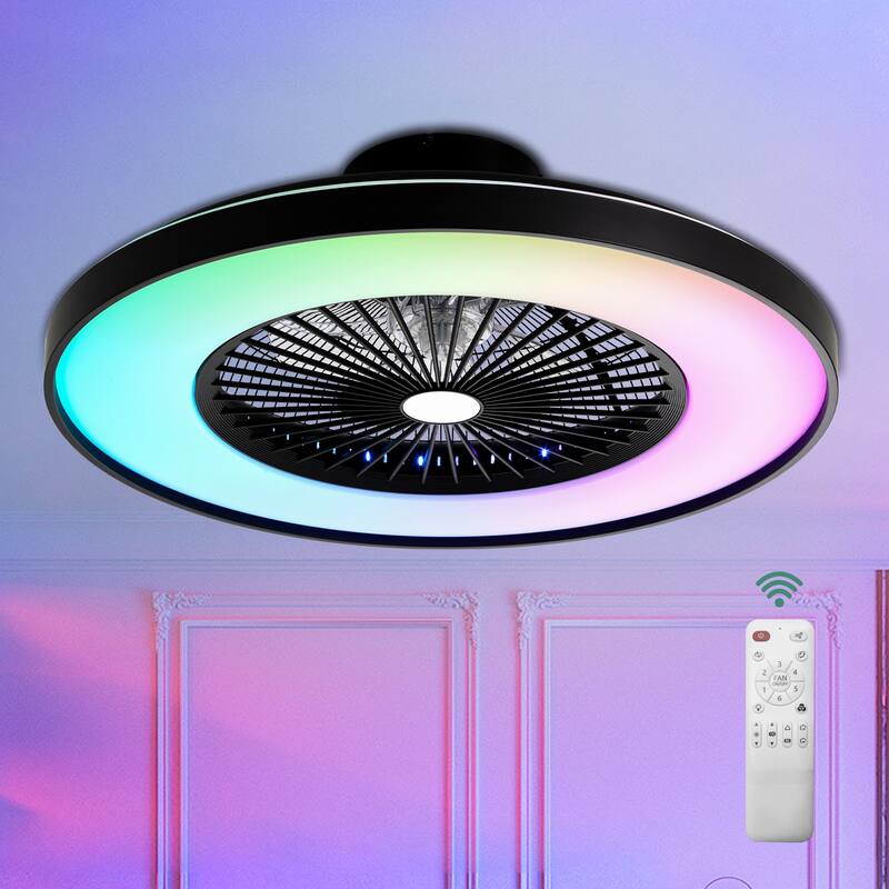 Cusp Barn 23 Inch Modern Low Profile RGB Ceiling Fan with Light, Smart Bladeless Flush Mount Enclosed Black Dimmable Ceiling Fan - Black