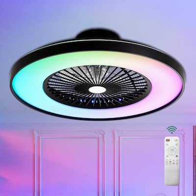Cusp Barn 23 Inch Modern Low Profile RGB Ceiling Fan with Light, Smart Bladeless Flush Mount Enclosed Black Dimmable Ceiling Fan