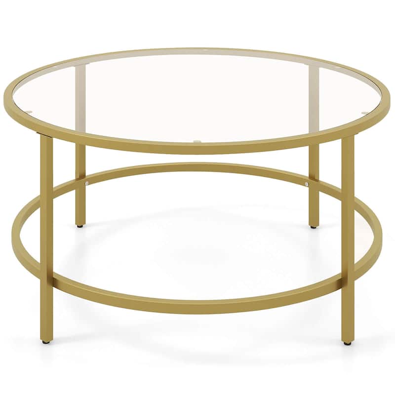 Costway 36'' Round Coffee Table Tempered Glass Tabletop Metal Frame - See Details