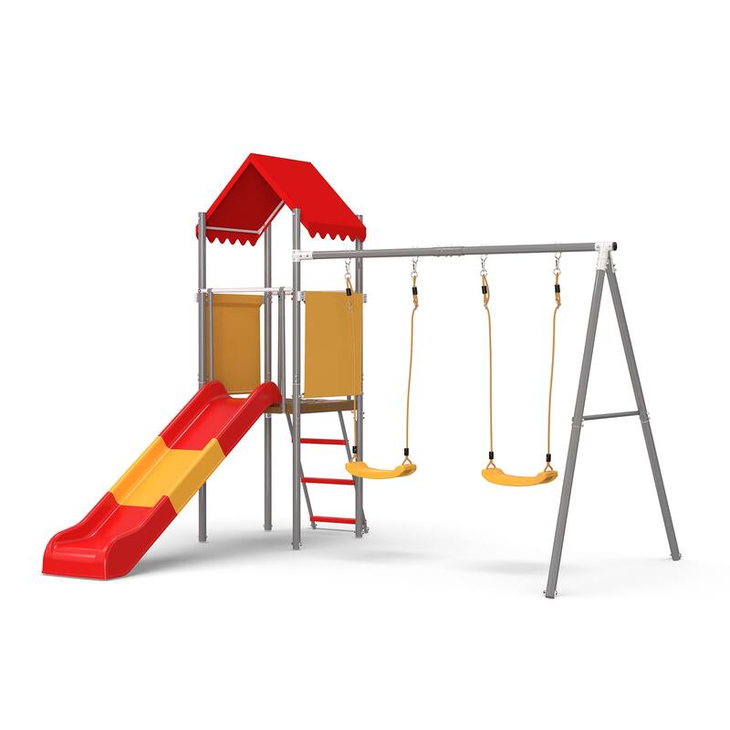 Metal and Plastic Treehouse Swing Set with Slide, Belt Swings, and Canopy Safe, Sturdy, and Portable for Kids Ages 3-8