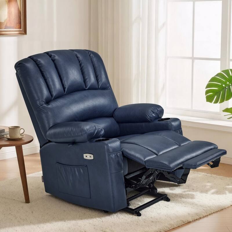 Power Lift Recliner Chair for Elderly, Massage and Heat, Faux Leather & Fabric - Faux Leather-Blue