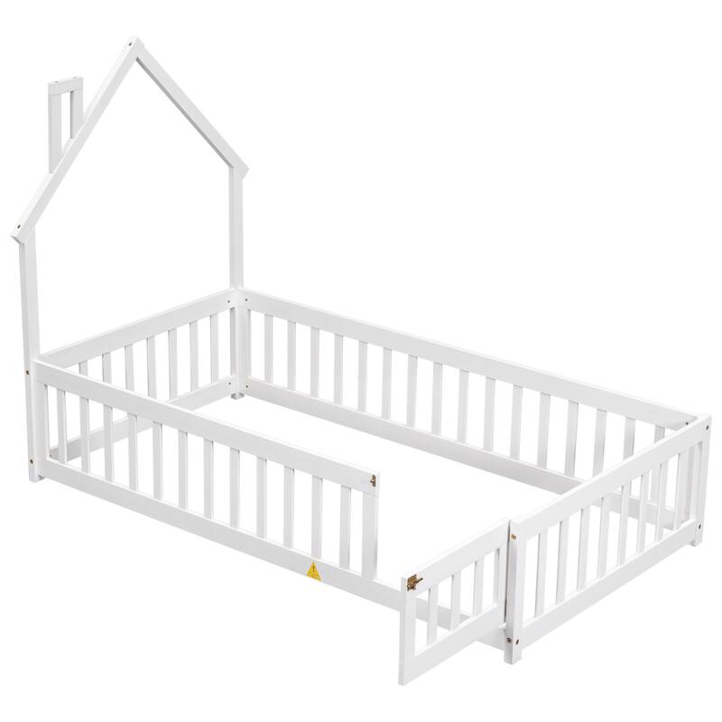 Twin House-Shaped Headboard Floor Bed with Fence, Fun & Safe Kids Bed
