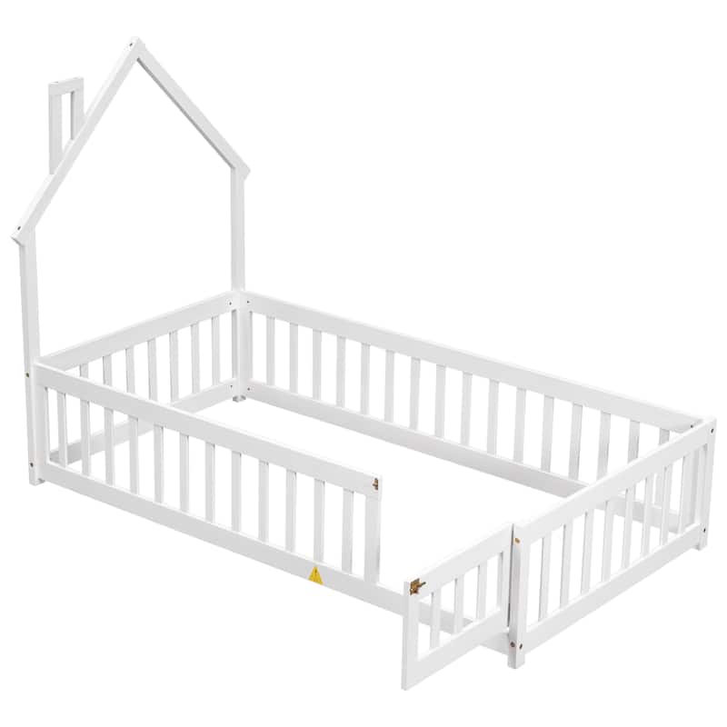 Twin House-Shaped Headboard Floor Bed with Fence