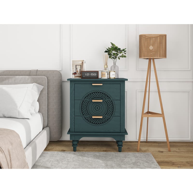 Roomfitters Hollow Carved 3 Drawer Dresser, Accent Storage Cabinet with Metal Handles, Green
